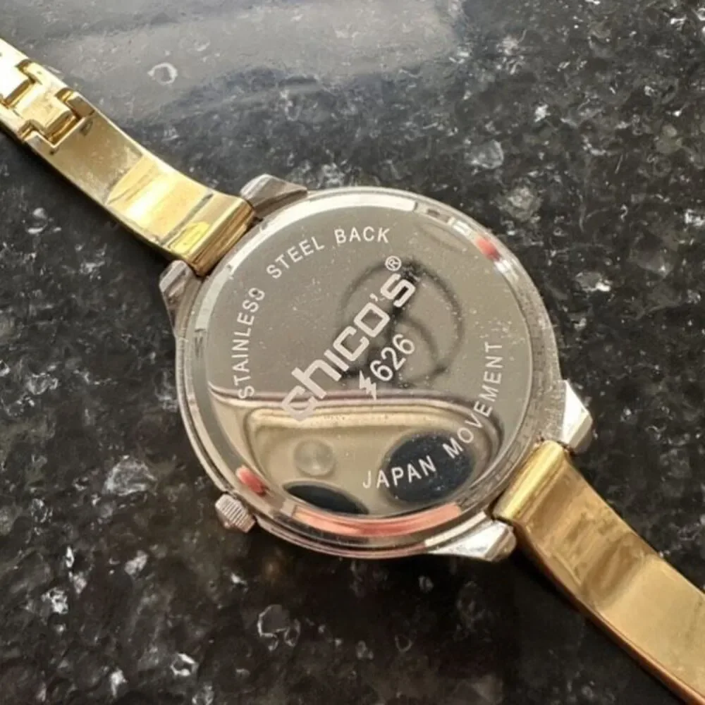 Chico’s Large Face Mother of Pearl Pave Rhinestone Goldtone Delicate‎ Band Watch